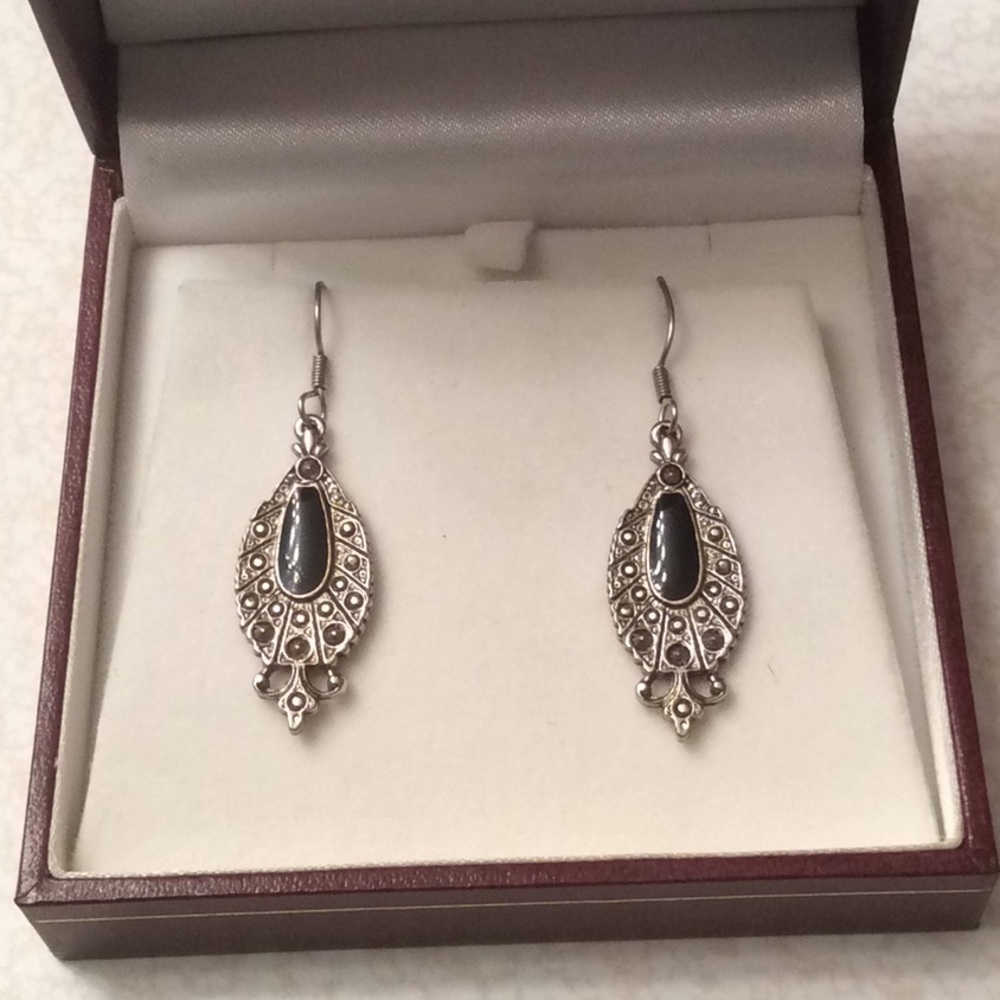 Silver & Black Teardrop Filigree Dangle Earrings